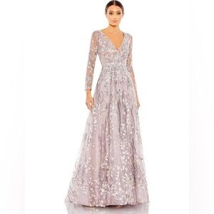 MAC DUGGAL EMBELLISHED WRAP OVER ILLUSION LONG SLEEVE A LINE DRESS NWT Sz 10